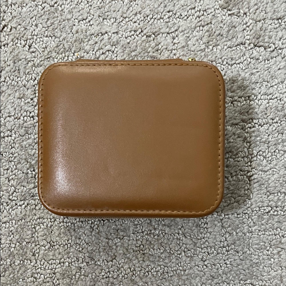 Compact Brown Leather Zip Jewelry Case